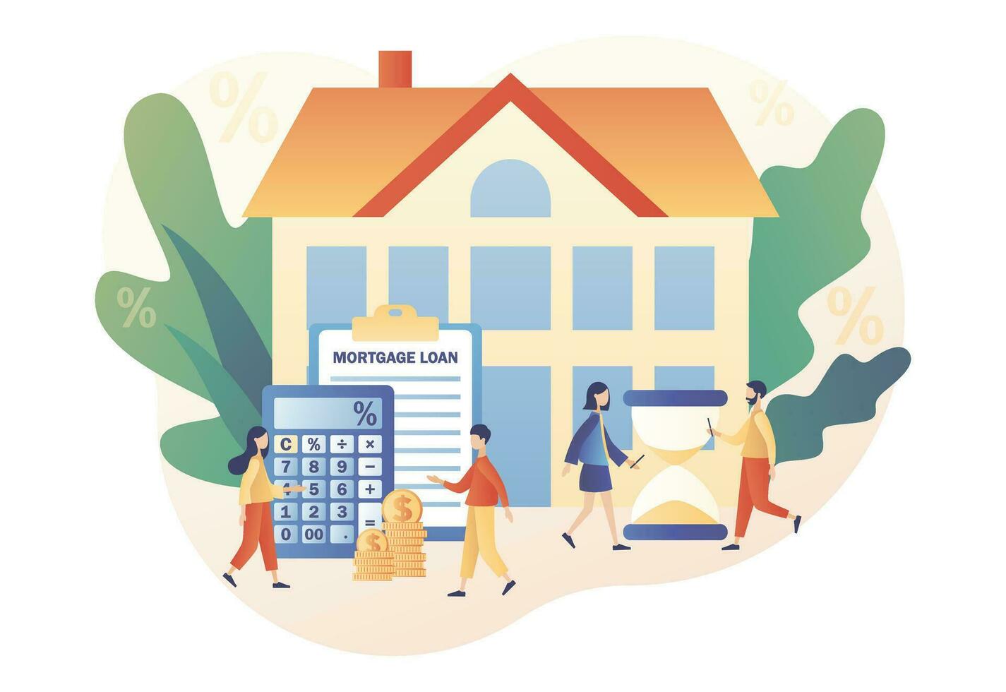 House loan. Mortgage concept. Investment money in real estate property. Tiny people buying home and pay credit to bank. Modern flat cartoon style. Vector illustration on white background