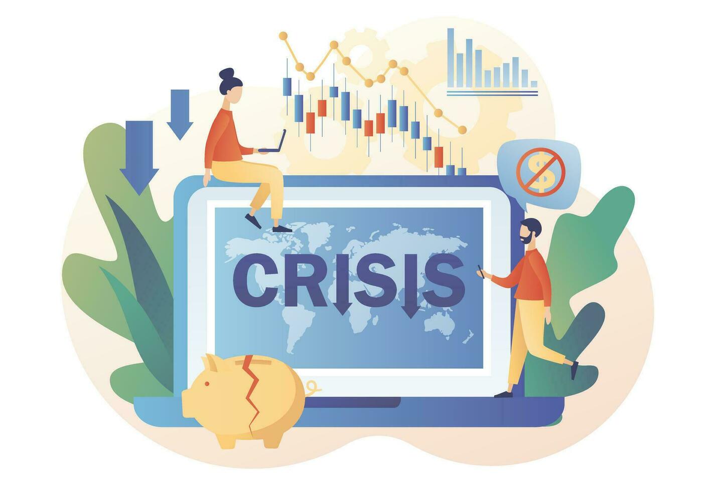 Global financial crisis concept. Economic downturn. Tiny businessmen faces Coronavirus pandemic or COVID-19 impact on global economy and stock markets. Modern flat cartoon style. Vector illustration