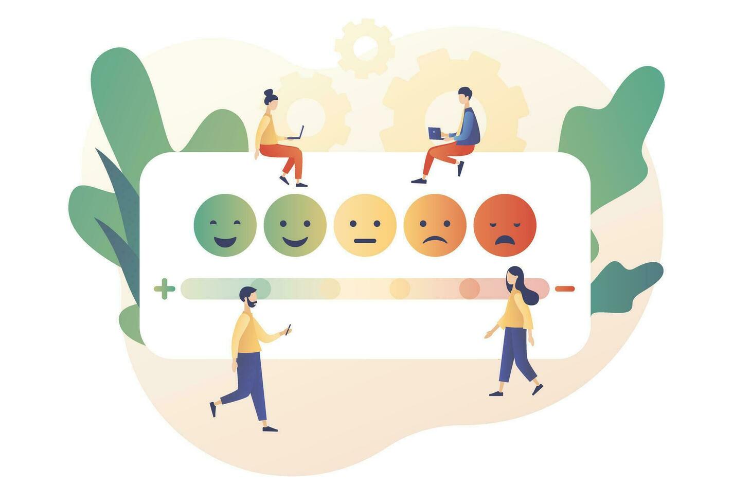 Emotions scale with arrow from green to red. Emoji set for mood tracker. Excellent, good and normal, bad and awful. Tiny people leave feedback. Modern flat cartoon style. Vector illustration