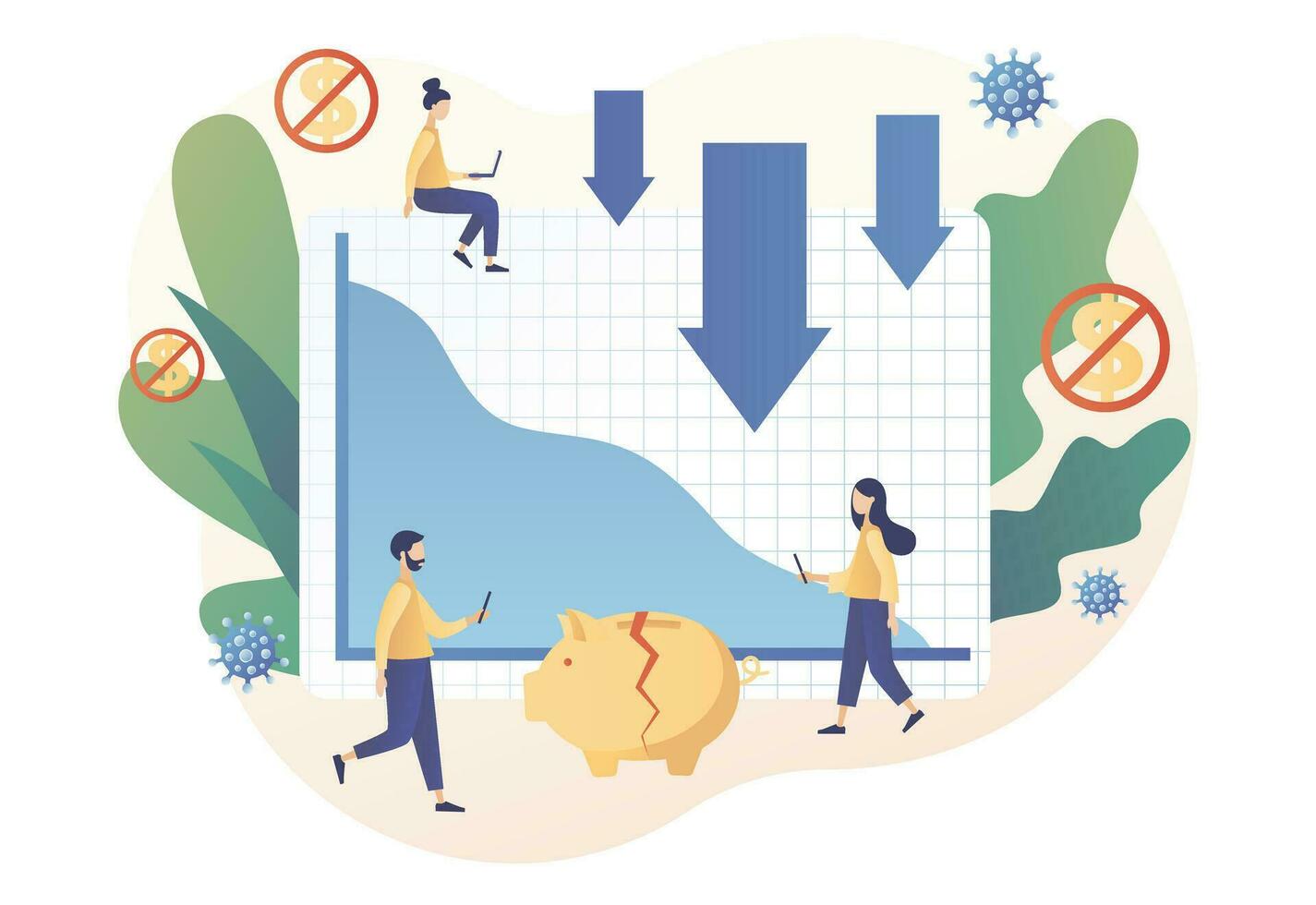 económico recesión financiero crisis concepto. minúsculo empresarios caras coronavirus pandemia o covid-19 impacto en global economía y valores mercados. moderno plano dibujos animados estilo. vector ilustración