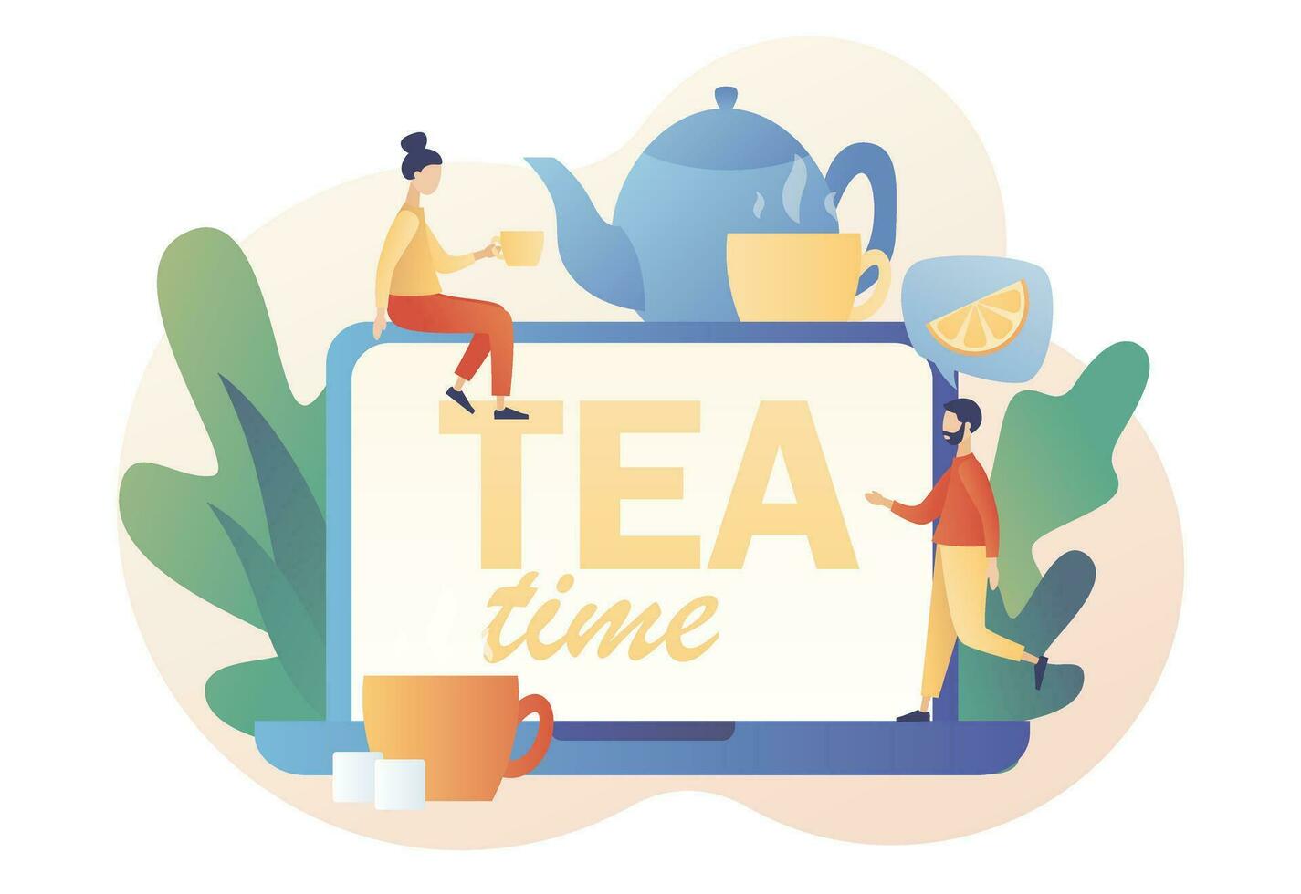 Tea time - text on laptop screen. Tiny people drinking tea. Hot drink party online. Kettle with cup, lemon slice and sugar cubes. Modern flat cartoon style. Vector illustration on white background