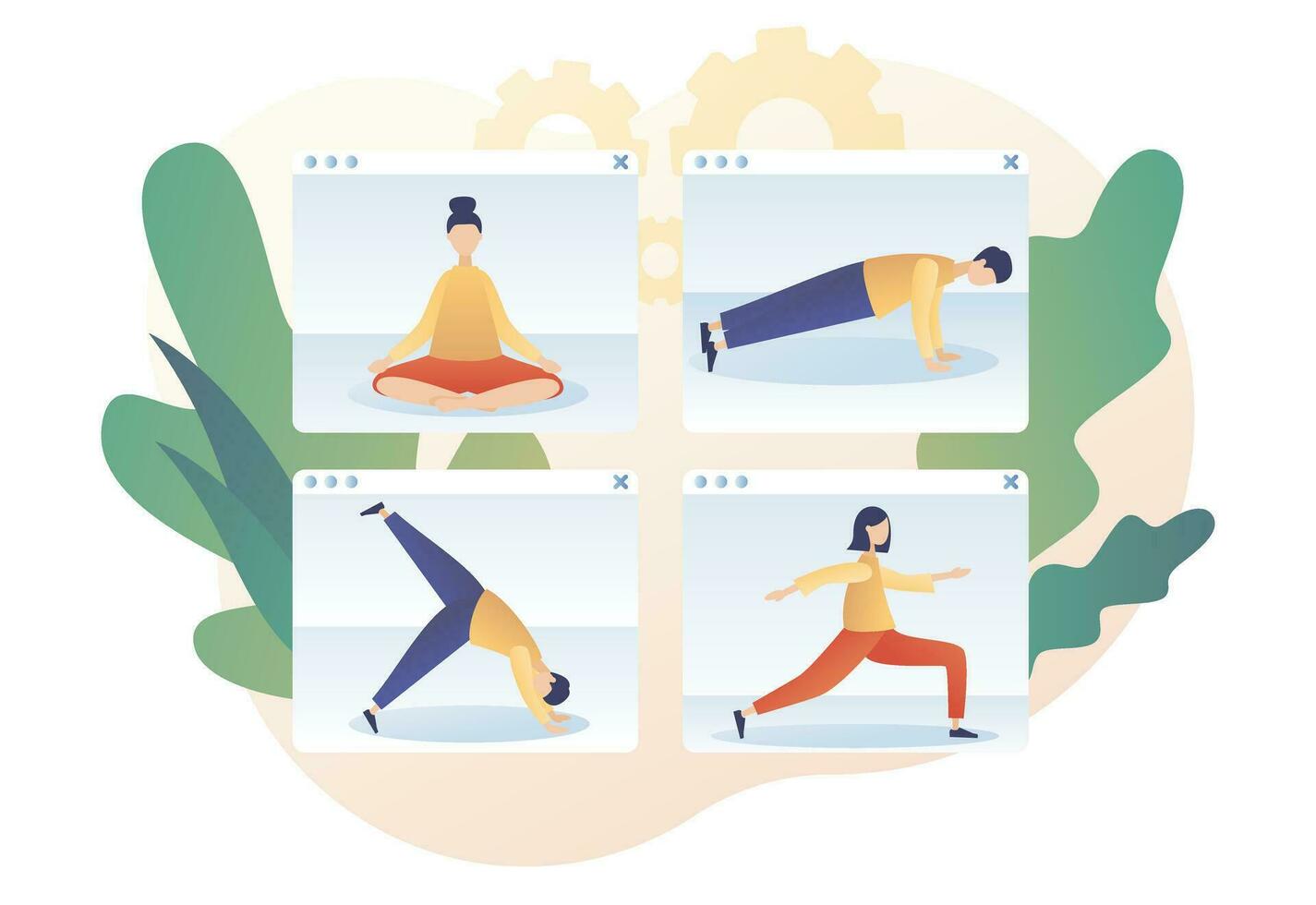 minúsculo personas en asanas practicando hatha yoga y meditación. yoga en línea clases permanecer hogar concepto. moderno plano dibujos animados estilo. vector ilustración en blanco antecedentes