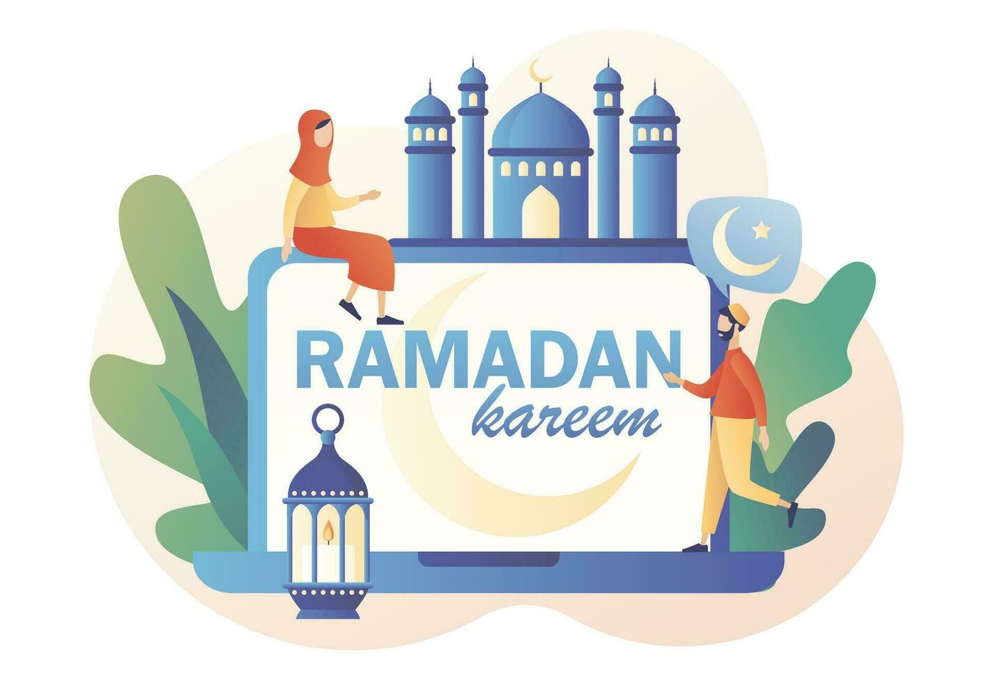 Ramadan Kareem - text on laptop screen. Holy Month, lantern for pray at night and mosque. Tiny people greet each other Eid mubarak holiday. Muslim Feast. Modern flat cartoon style. Vector illustration