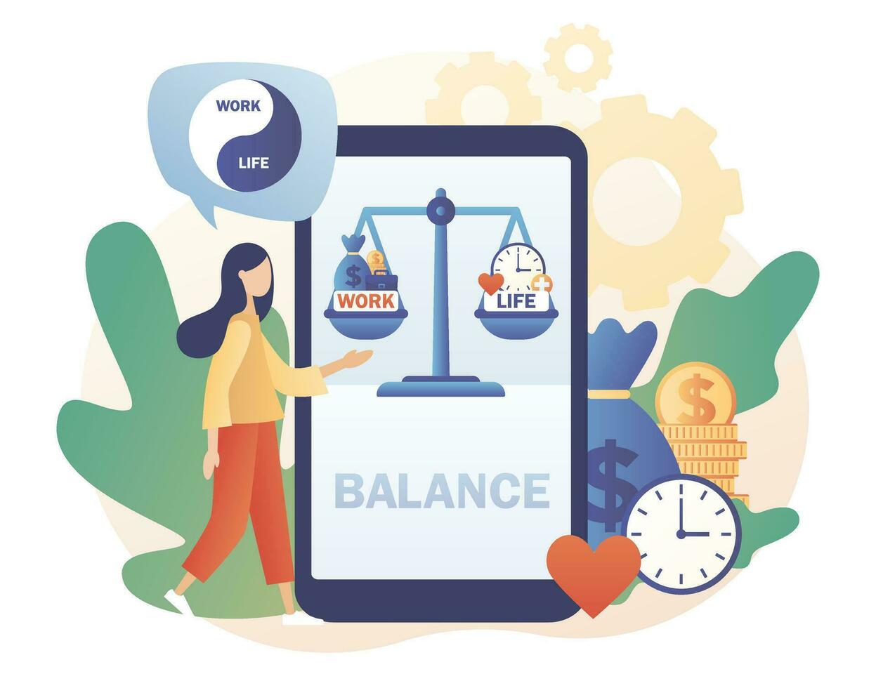 Tiny woman keep harmony choose between career and money versus love and time. Scales on smartphone screen as symbol of work and life balance. Modern flat cartoon style. Vector illustration