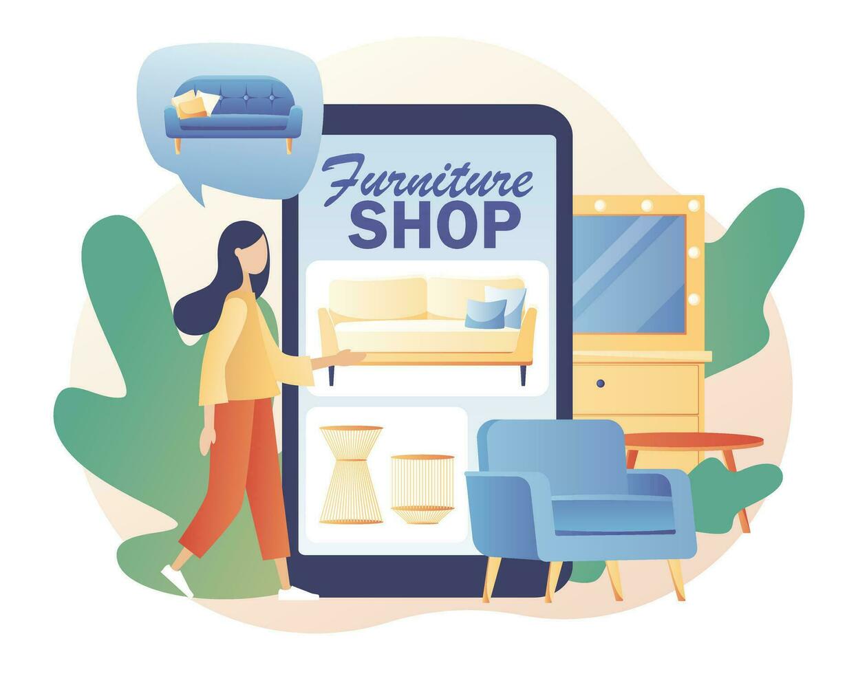 Tiny woman shopping furniture and home decor online use smartphone. Furniture and home accessories store. Sofa shop. Modern flat cartoon style. Vector illustration on white background