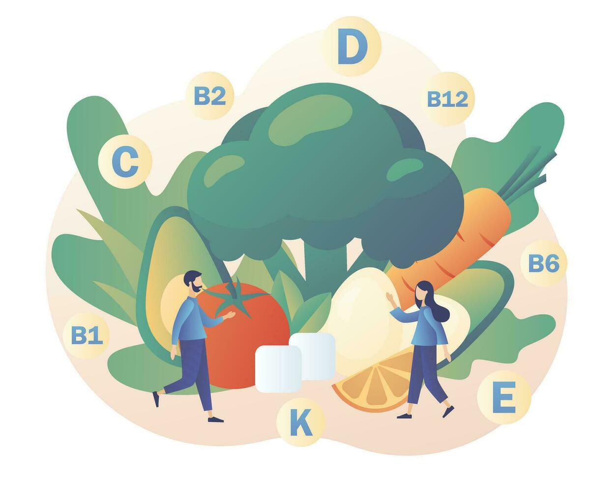 Healthy food concept. Vitamins in products, organic greenery and vegetables. Tiny people consume healthy organic nutrition. Nutritionist online. Modern flat cartoon style. Vector illustration