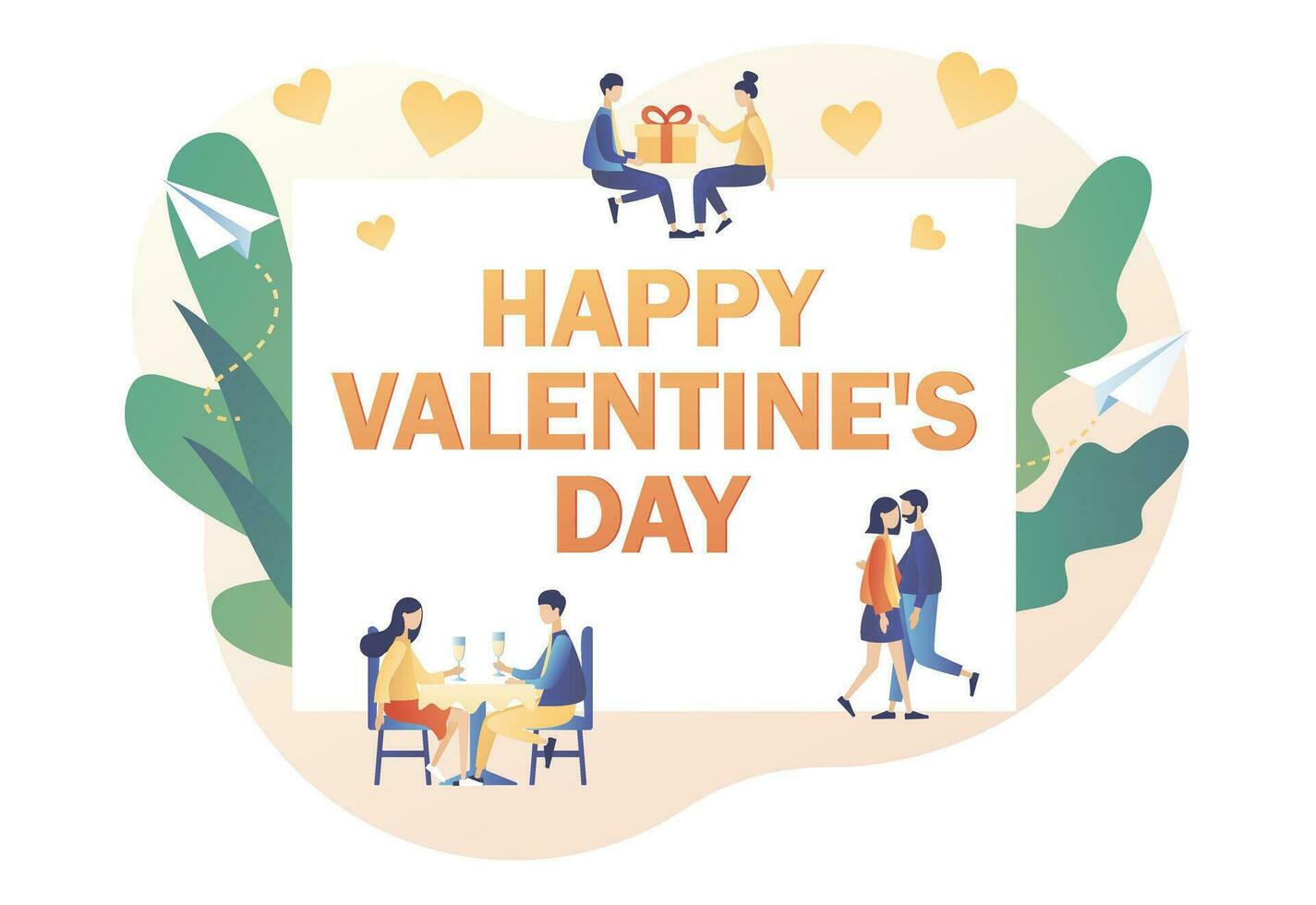 Happy Valentines day - text on greeting card. Romantic relations and date. Tiny people in love greet each other. Modern flat cartoon style. Vector illustration on white background