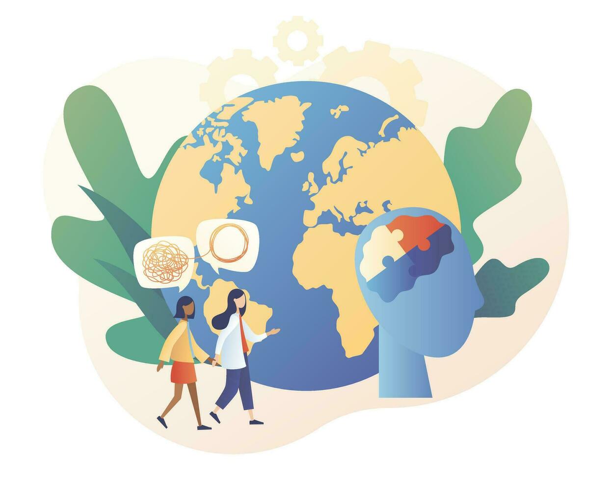 psicología sin fronteras mundo mental salud día. minúsculo psicólogo y paciente. psicoterapia práctica, psicológico ayuda, psicólogo servicio. moderno plano dibujos animados estilo. vector ilustración