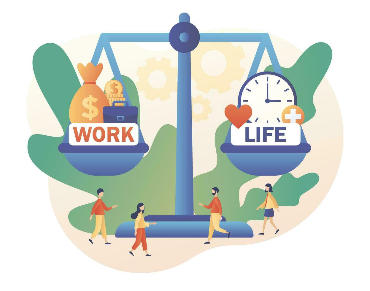 Work and life balance. Tiny people keep harmony choose between career and money versus love and time. Big scales as symbol of life balance. Modern flat cartoon style. Vector illustration