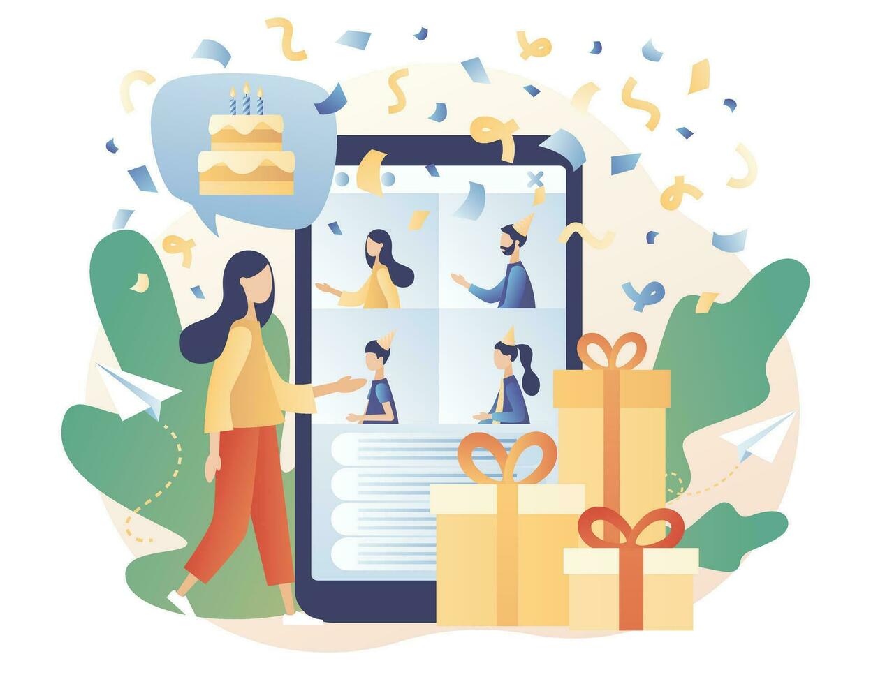 Online party. Tiny girl celebrating online birthday party use smartphone app. Quarantine birthday. Self-isolation party. Modern flat cartoon style. Vector illustration on white background