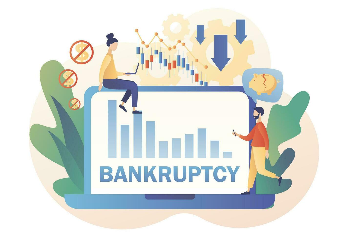 Tiny businessmen with economical loan payback problem, investment failure and budget collapse. Business bankruptcy. Financial crisis. Modern flat cartoon style. Vector illustration on white background