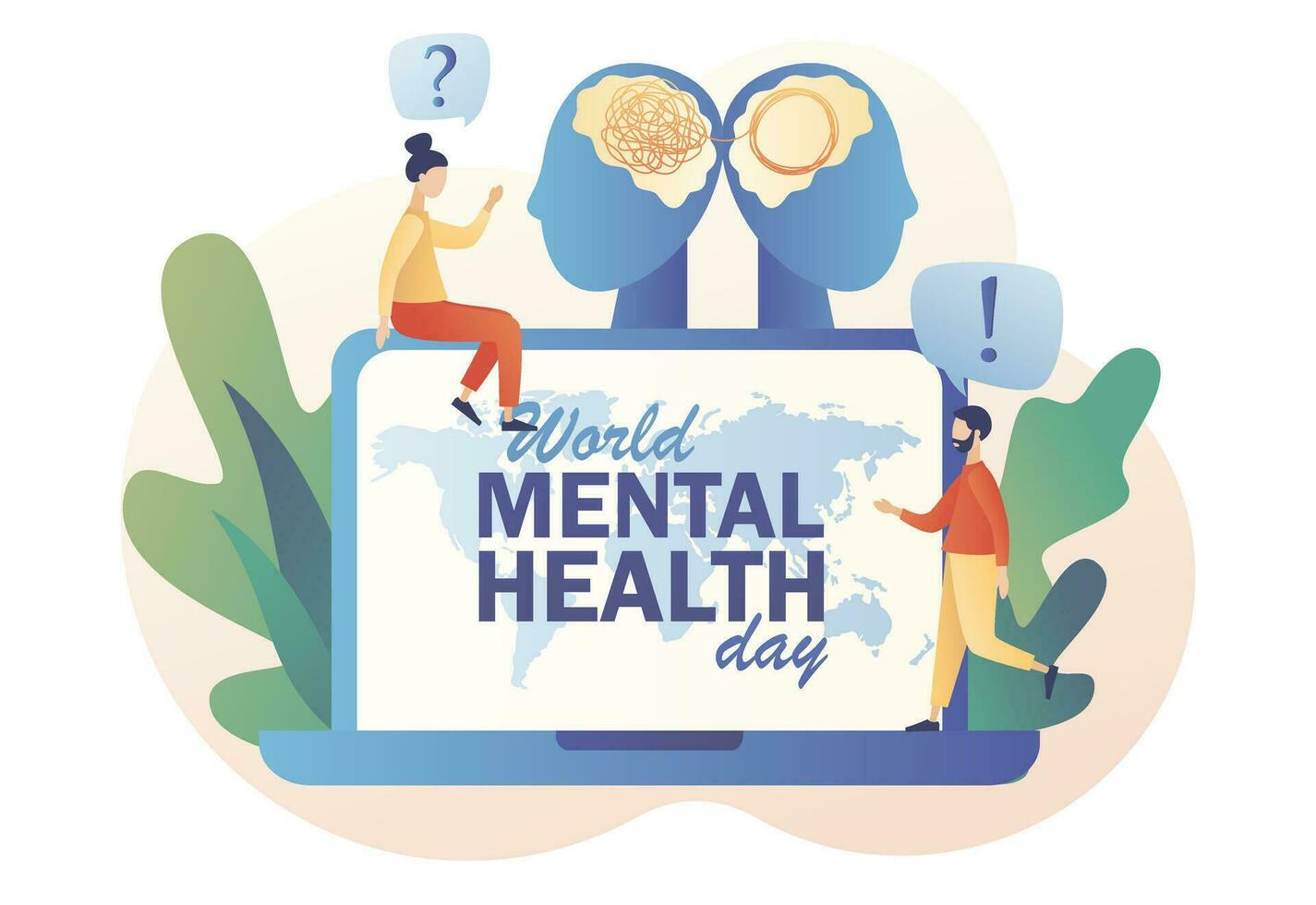 World mental health day - text on laptop screen. Psychotherapy practice, psychological help, psychologist service, psychologist online. Psychology without borders. Modern flat cartoon style. Vector