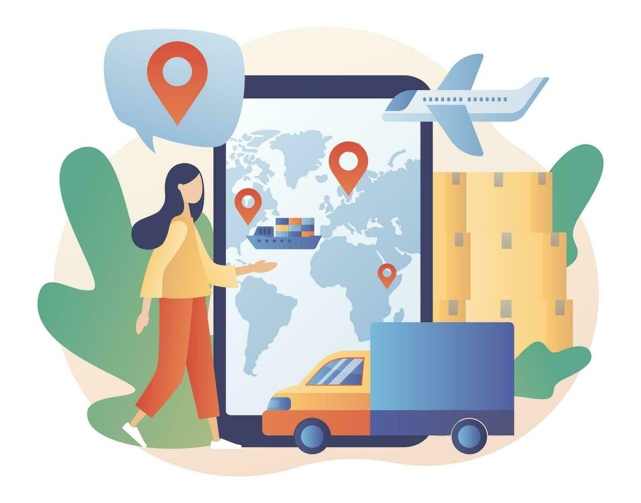Business logistics. Global logistics network. Export, import, warehouse business, transportation. Tiny woman tracks orders in smartphone app. On-time delivery. Modern flat cartoon style. Vector