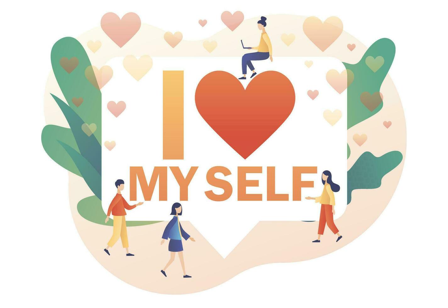 I love myself - big text. Tiny people expressing self love and care. Love yourself. Love your body. Bodypositive concept. Modern flat cartoon style. Vector illustration on white background