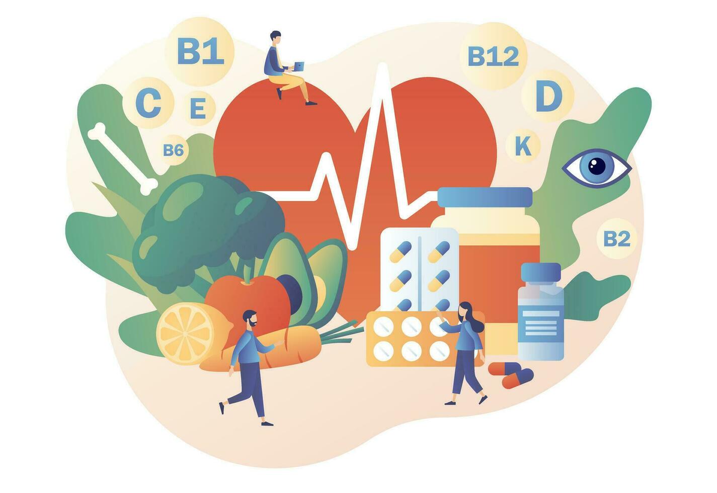 nutricionista concepto. sano alimento. minúsculo personas consumir sano orgánico nutrición. vitaminas en productos, verdor y vegetales. moderno plano dibujos animados estilo. vector ilustración en blanco antecedentes