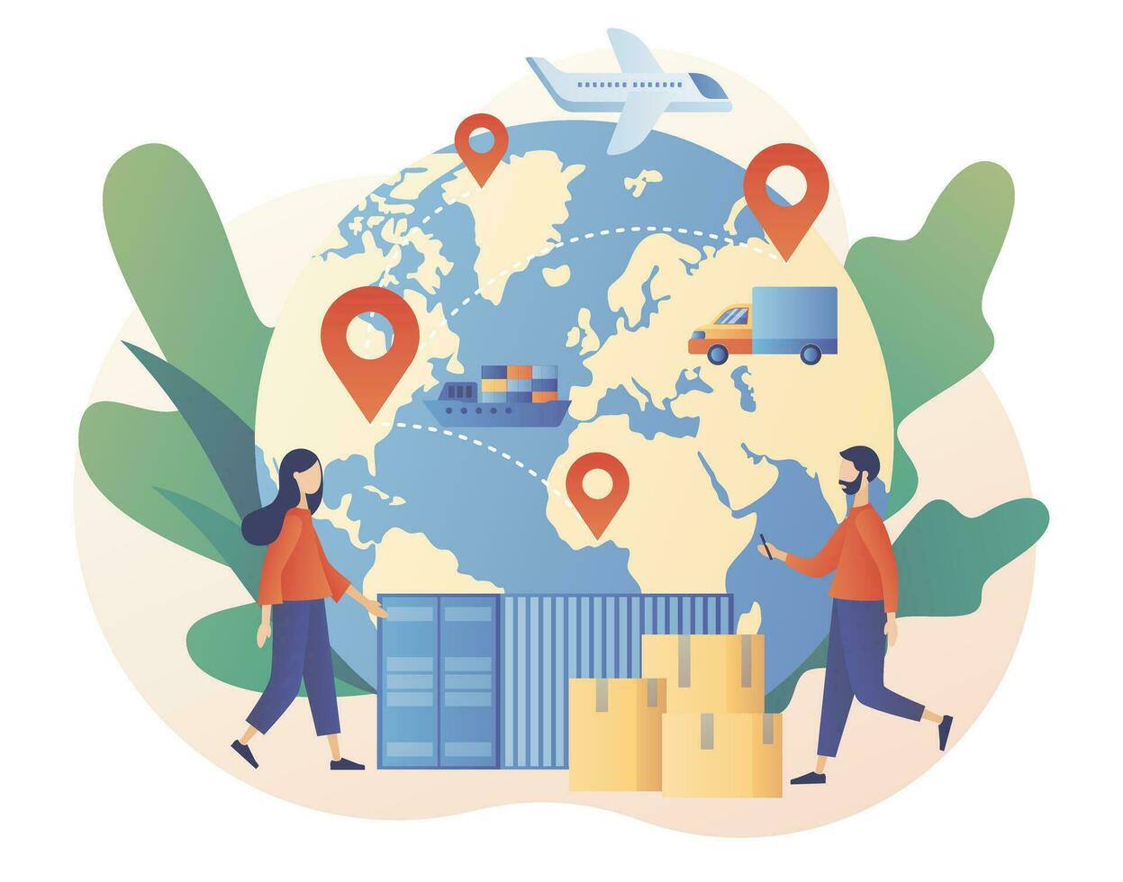 Business logistics. Global logistics network. Export, import, warehouse business, transportation. Air trucking, maritime shipping. On-time delivery. Modern flat cartoon style. Vector illustration