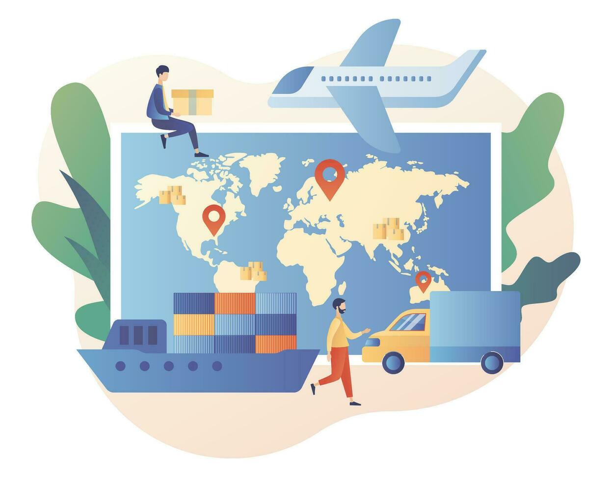 Business logistics. Global logistics network. Export, import, warehouse business, transportation. Vehicles to carry of cargo. On-time delivery. Modern flat cartoon style. Vector illustration