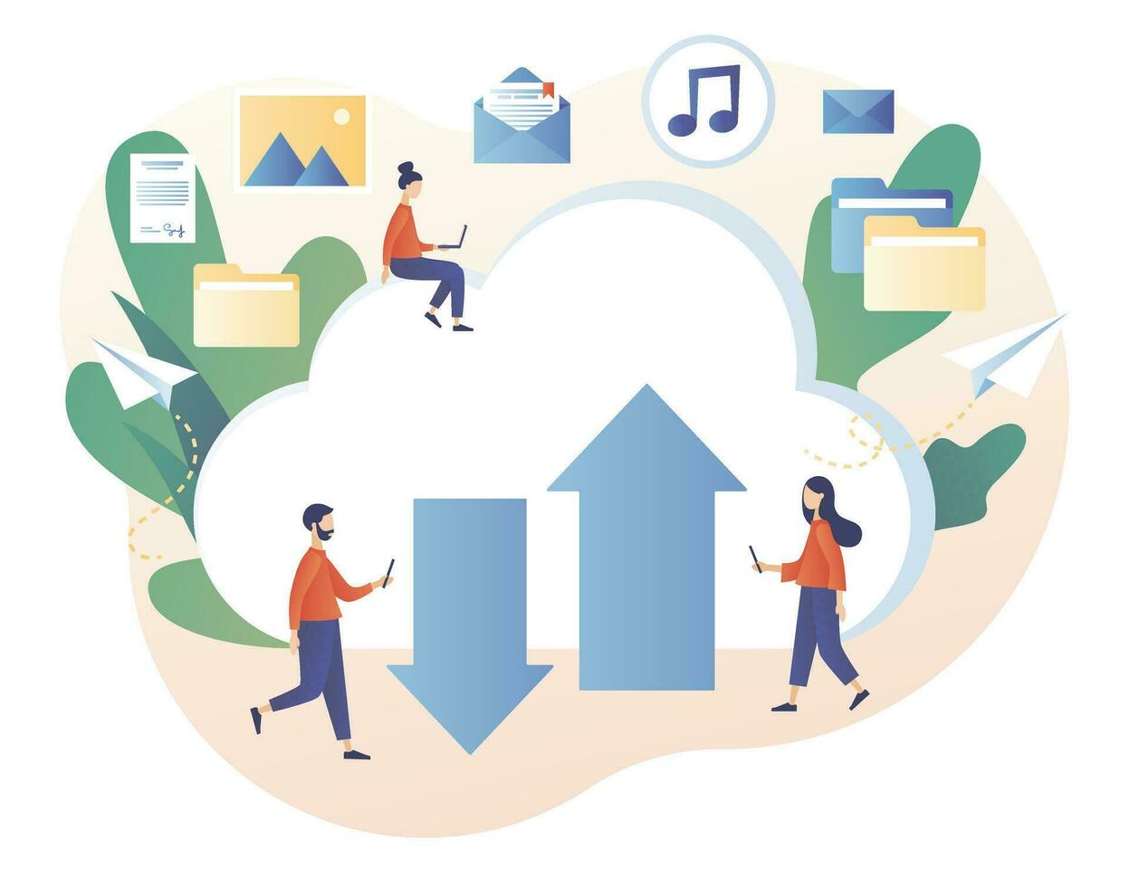 nube almacenamiento. minúsculo personas sitio datos, música, foto, vídeo en grande nube servidor. nube informática servicios. datos Procesando. moderno plano dibujos animados estilo. vector ilustración en blanco antecedentes