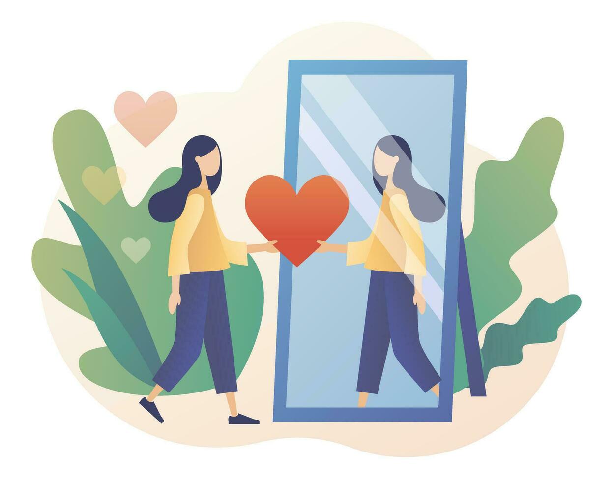 Tiny lady looks at her reflection in mirror, expressing self love and care. Love yourself. Love your body. I love myself. Bodypositive concept. Modern flat cartoon style. Vector illustration