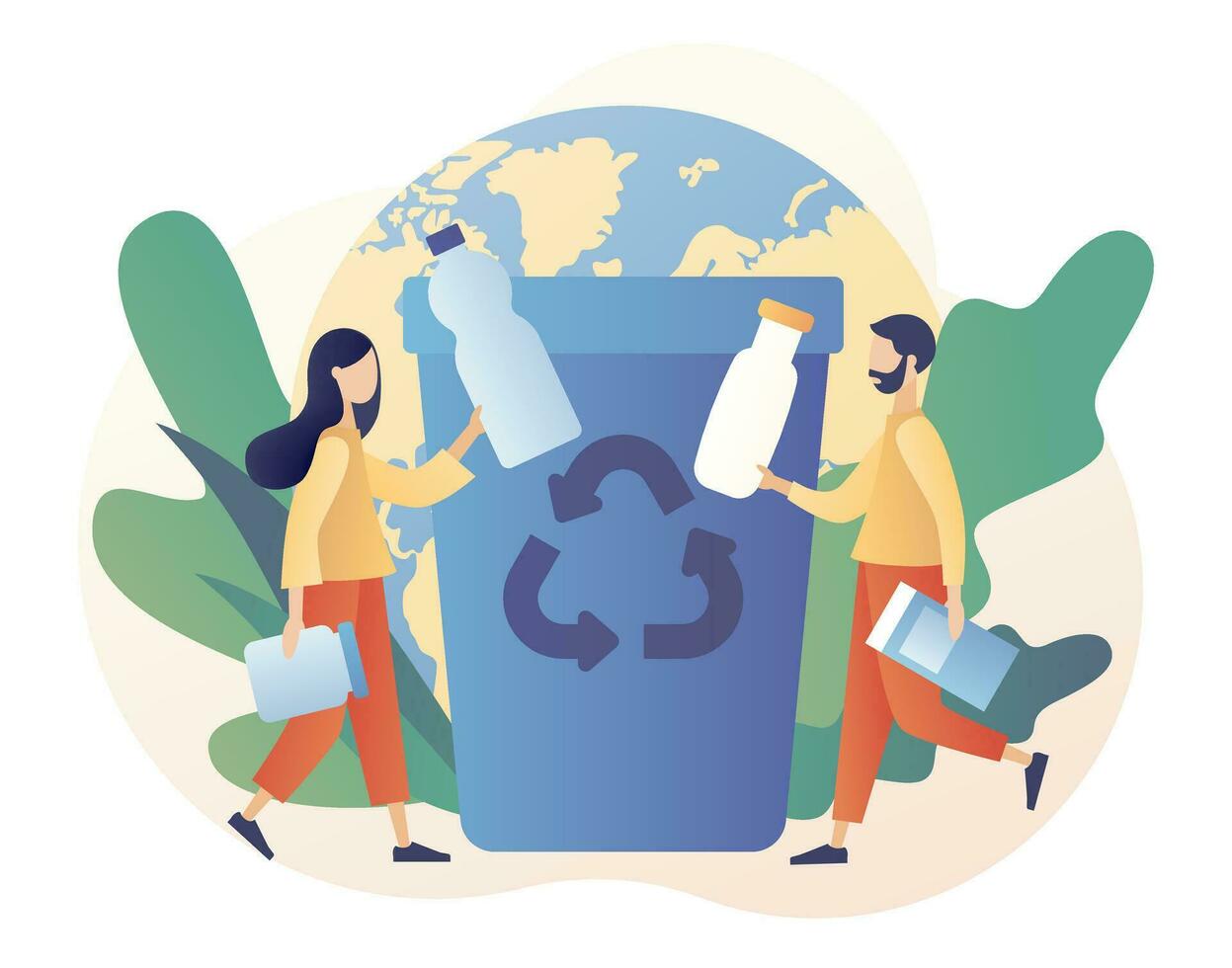 Tiny people sorting garbage waste in containers for recycling and reuse. Recycling garbage. Zero waste concept. Modern flat cartoon style. Vector illustration on white background