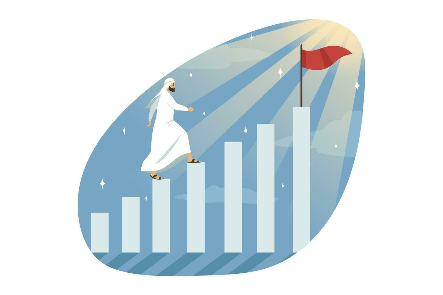 Leadership, conquest, goal achievement, success, business concept. motivated Young muslim arab businessman clerk manager leader conqueror walking on blocks profit graphs to target flag illustration. vector