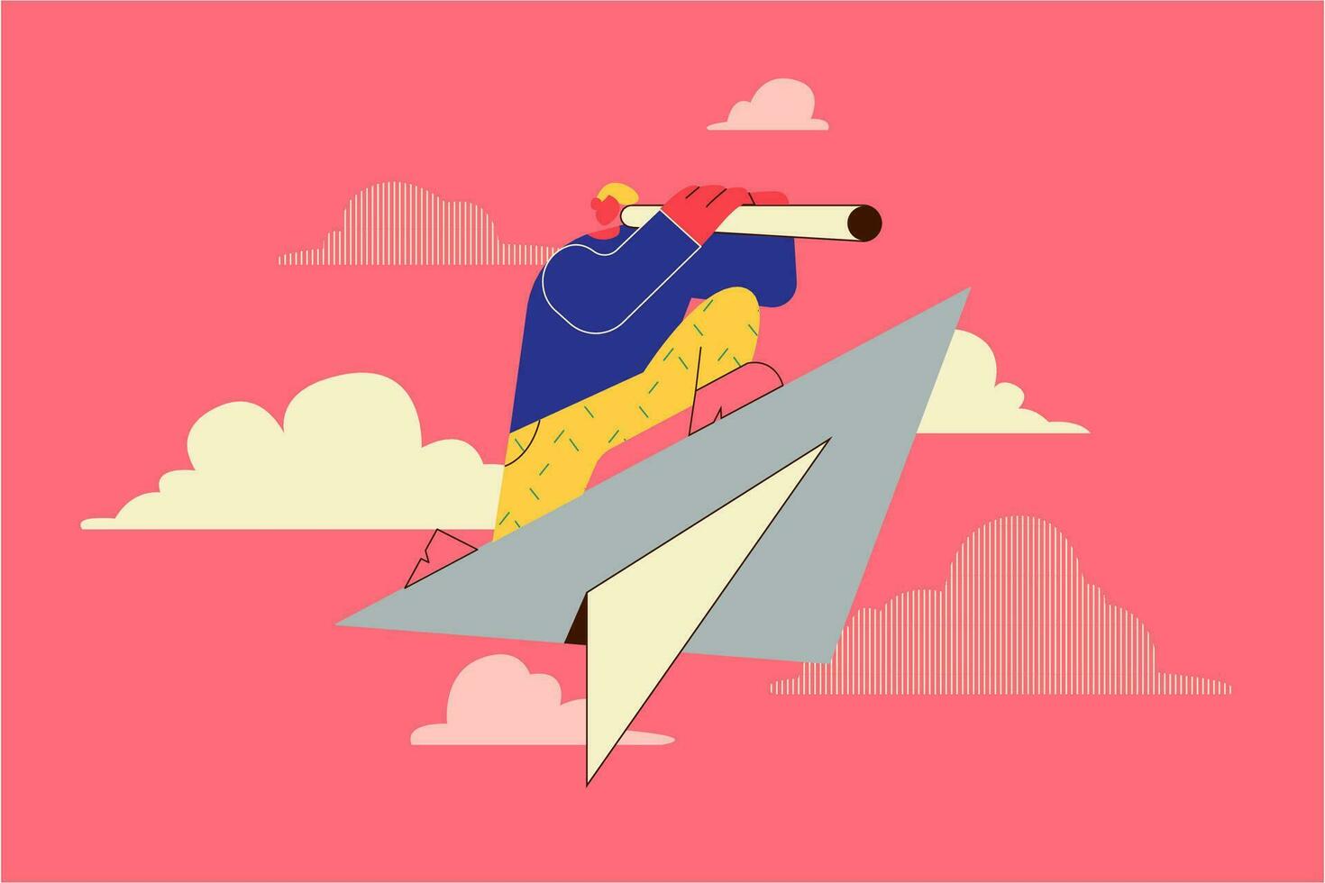 Opportunities, new ideas, business development concept. Business person sitting on paper plane and using telescope to see new horizons and chances in business career over pink background illustration vector