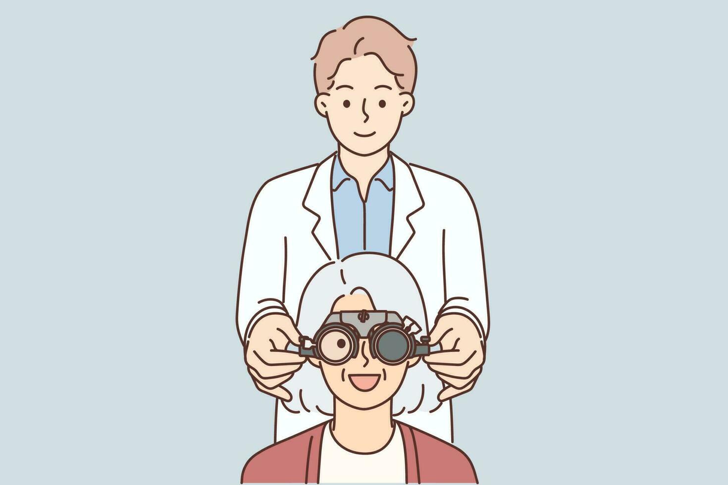 hombre optometrista poniendo en oftálmico lentes en canoso mayor hembra paciente durante visión tratamiento. antiguo mujer sonriente a oftalmólogo cita y alegría a mejora en visión vector