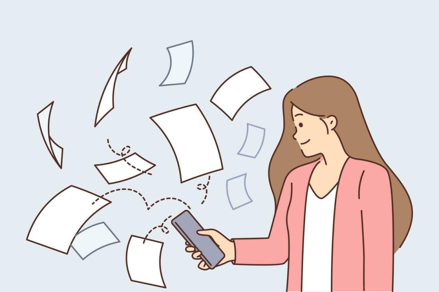 Girl with phone stands near flying papers symbolizing document management and digitization of paperwork. Businesswoman with smartphone is engaged in document management through mobile application vector