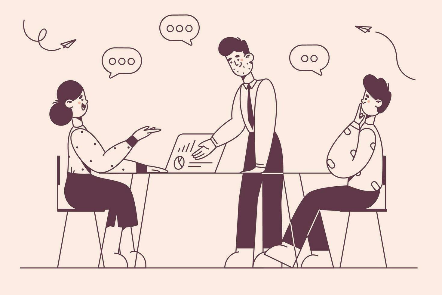 Brainstorming, Business partners, teamwork concept. Office workers partners discussing corporate project together in office during brainstorm vector illustration
