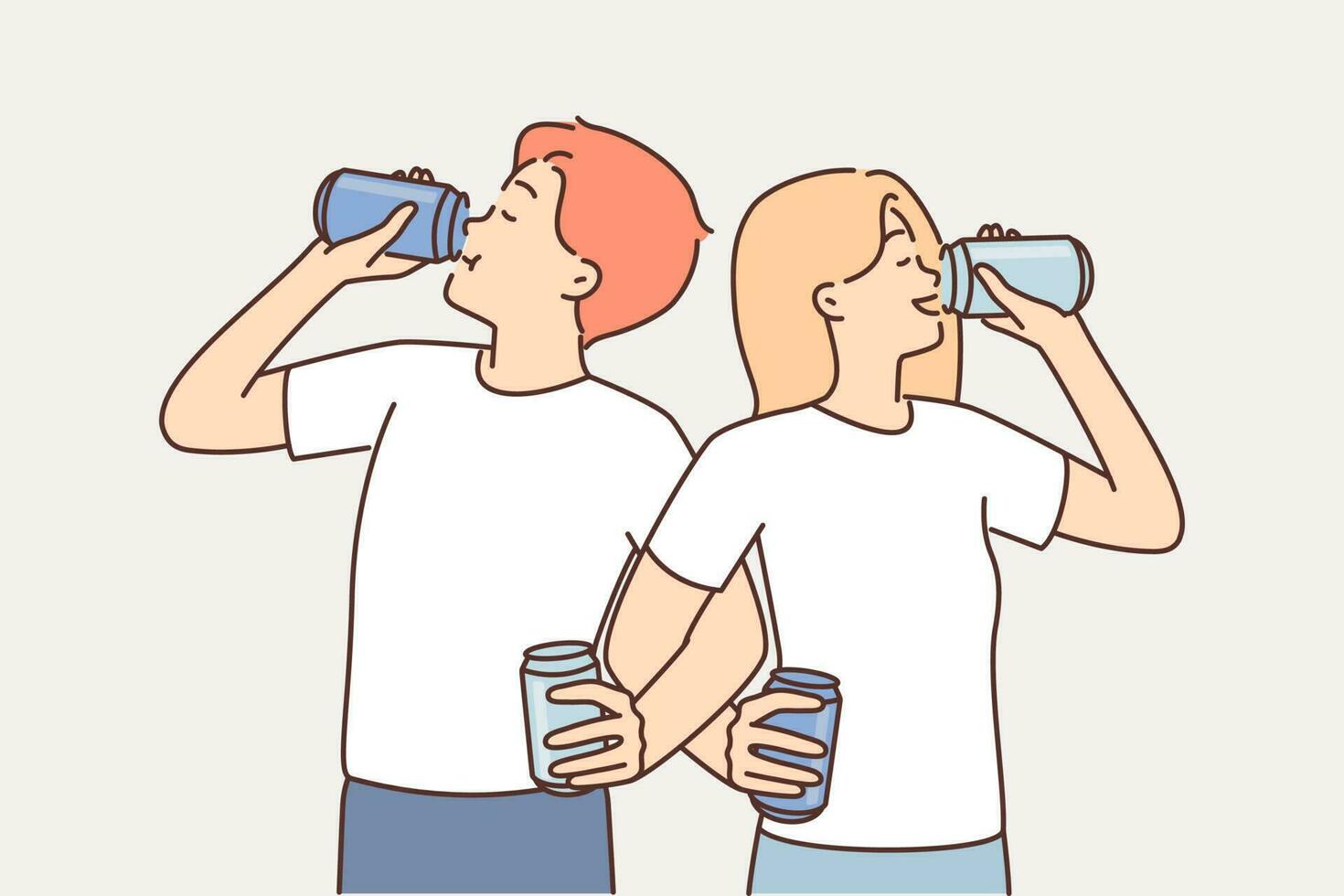 Couple of man and woman cross their arms drinking soda competing in speed of using soft drink. Cheerful young Caucasian friends having cool time drinking beer or alcoholic drink from spirit vector
