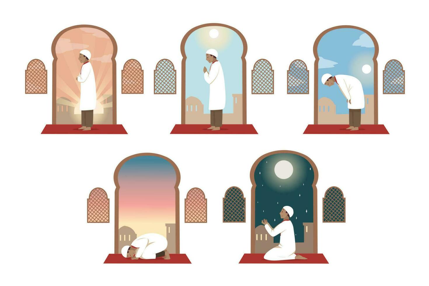 Islam, prayer, celebration, religion set concept. Collection of young religious man muslim arabic cartoon character praying day and night at home or in mosque. Islamic traditional Ramadan celebration. vector