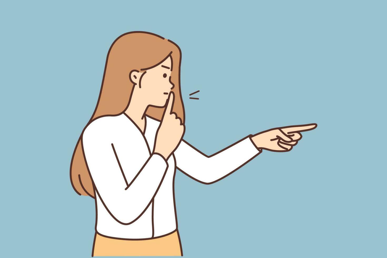 Angry woman puts finger to lips to urge quiet and not make noise during important meeting or school lesson. Nervous girl makes shh gesture and points to side ordering to observe quiet vector