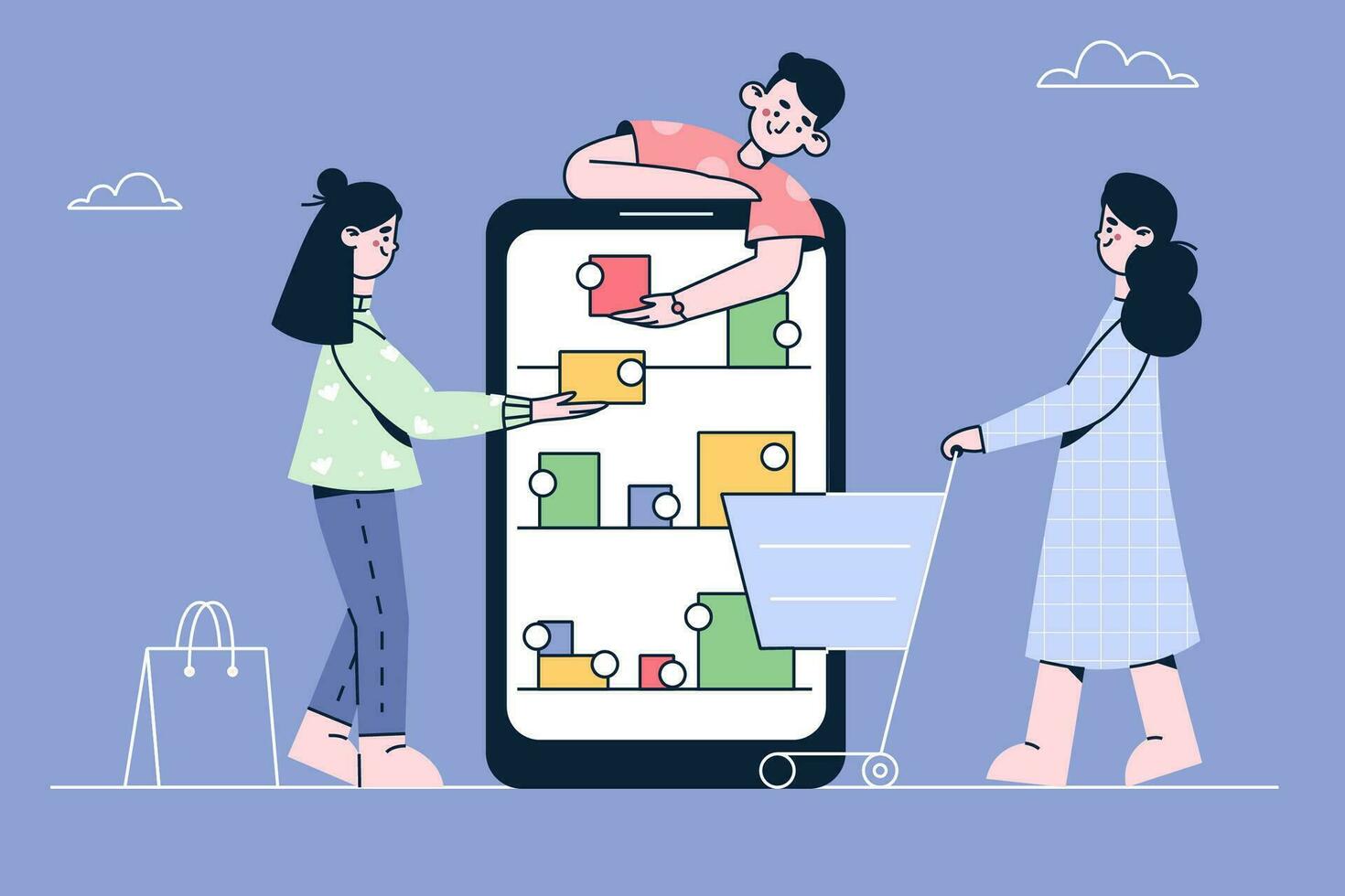 Online shopping and orders in internet concept. Young people man and women customers choosing items and adding to cart online during shopping on smartphone screen vector illustration