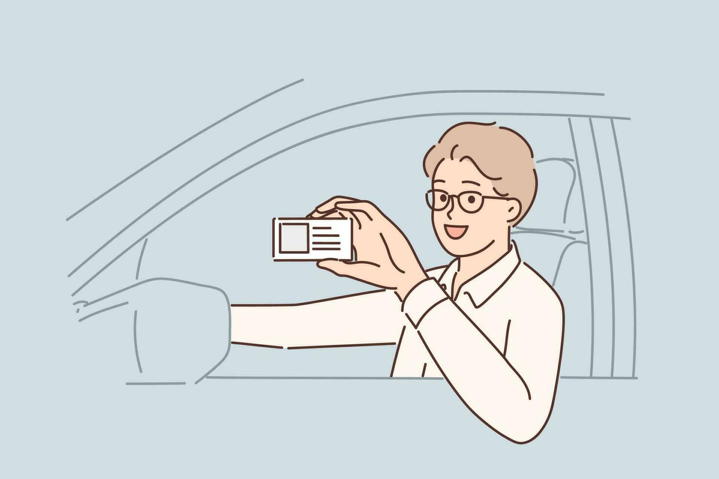 Man driving car demonstrates driver license giving right to work in taxi company. Guy boasts of driver license obtained after studying at driving school and successfully passing exam vector