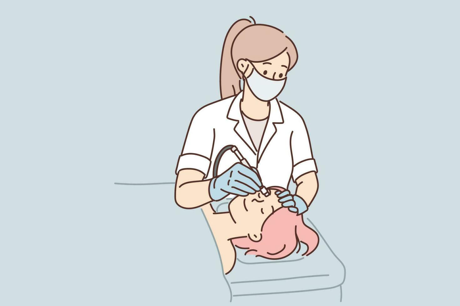 Woman cosmetologist performs microdermabrasion procedure or mechanical peeling and diamond face polishing. Girl visits beautician to get rid of wrinkles or clear skin of acne and pimples vector