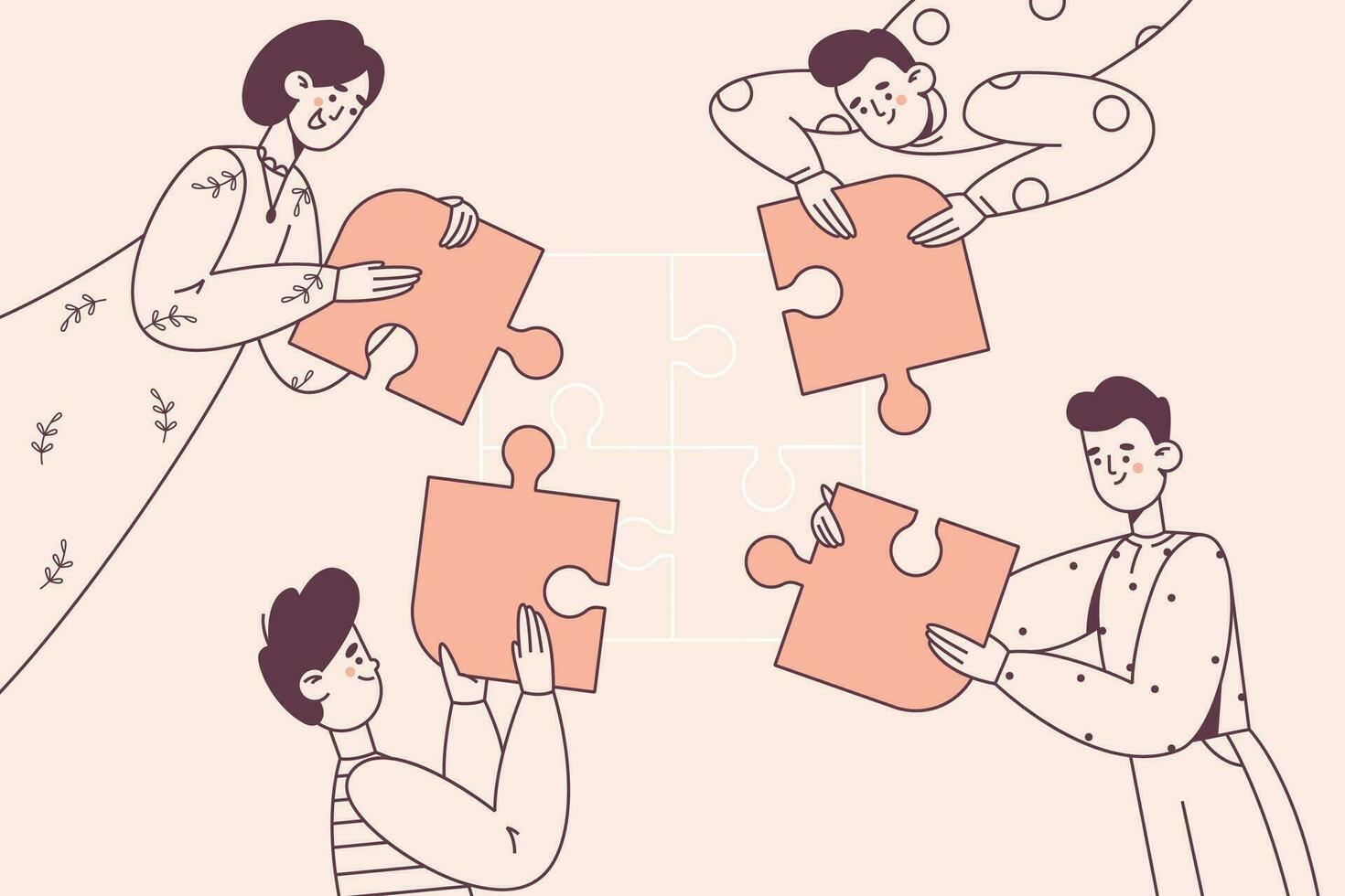 Teamwork, cooperation, collaboration concept. Office workers putting colorful pieces of puzzle together in one picture in business vector illustration