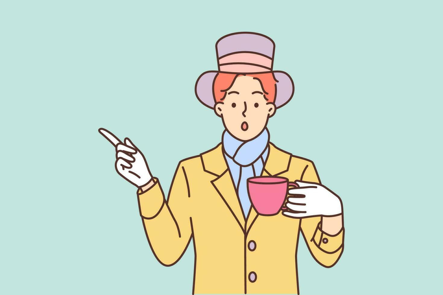 Mysterious man dressed as hatter from story Alice in Wonderland drinks tea and points finger to side. Mad hatter style guy is ready to go to theme party or carnival dedicated to children fairy tale vector