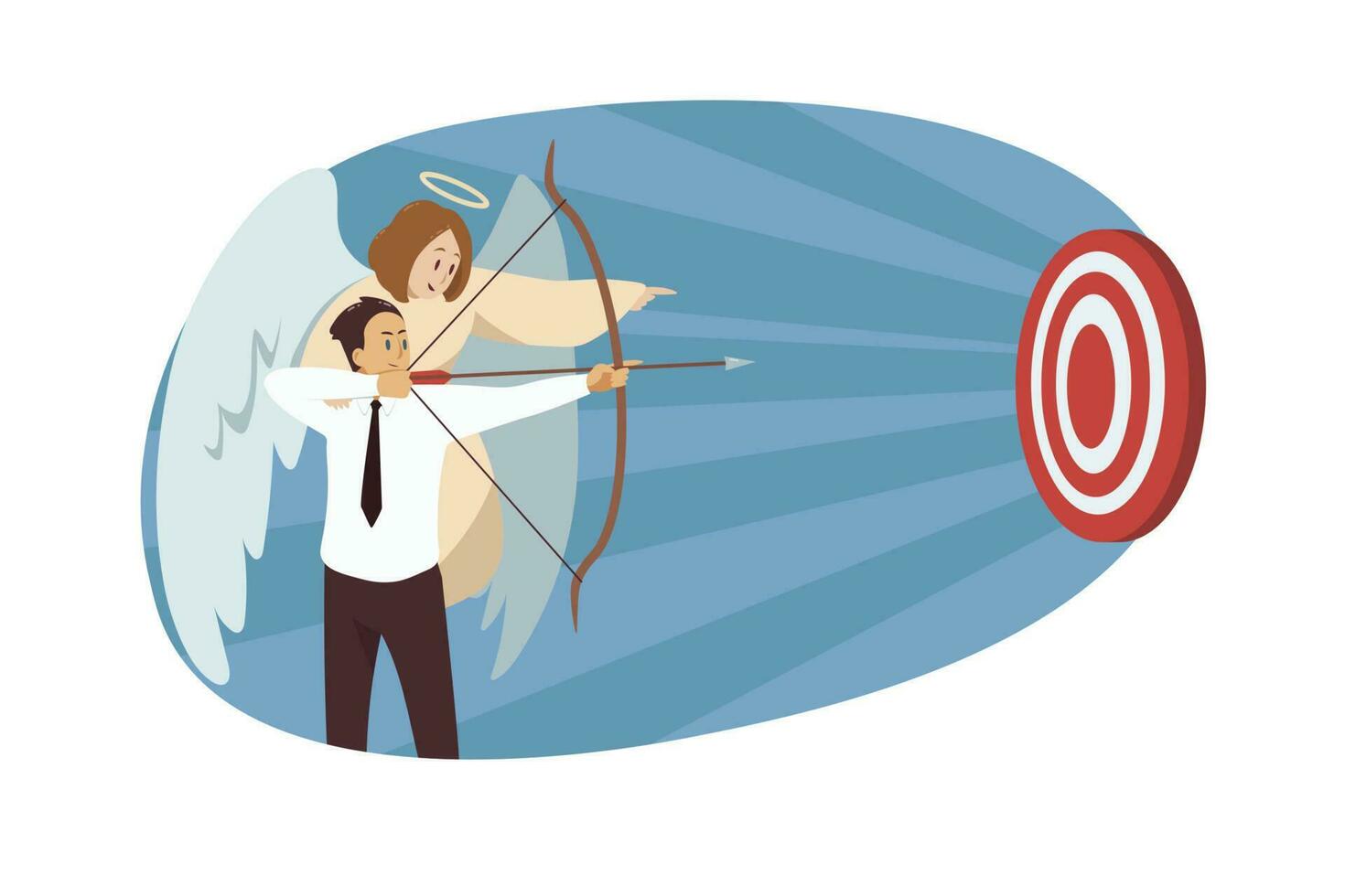 Religion, christianity, support, motivation, teamwork, goal achievement concept. Angel biblical character helping businessman clerk manager aiming with bow on target. Divine assistance illustration. vector