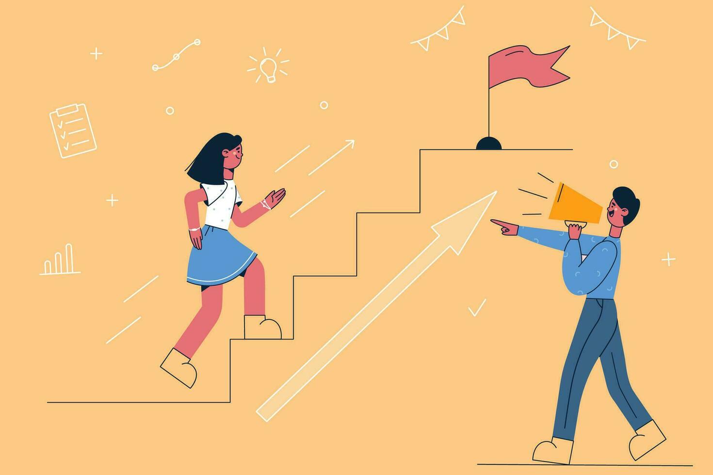 Competition, promotion, announcement concept. Young man making announcement on speaker pointing at woman climbing up ladder trying to reach peak with flag vector illustration