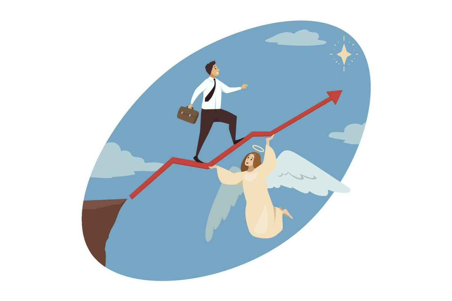 Religion, christianity, support, startup, goal achievement concept. Angel biblical character helping businessman manager walking on red arrow to shining star. Divine assistance and reaching purposes. vector