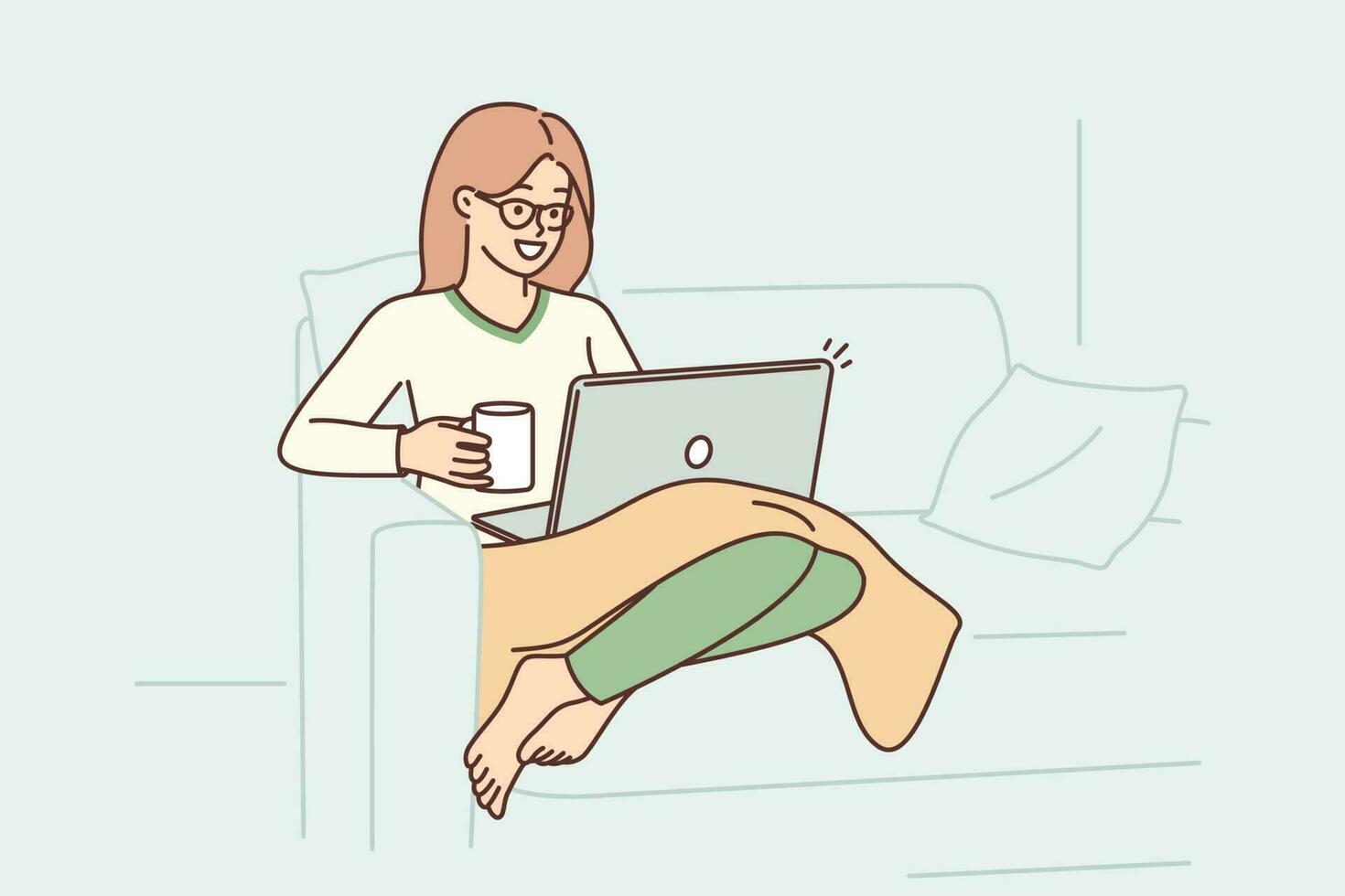 Woman sits in armchair with laptop on lap and drinks coffee enjoying relaxation in cozy home environment. Girl with plaid works via Internet in laptop for customers from freelance exchange vector