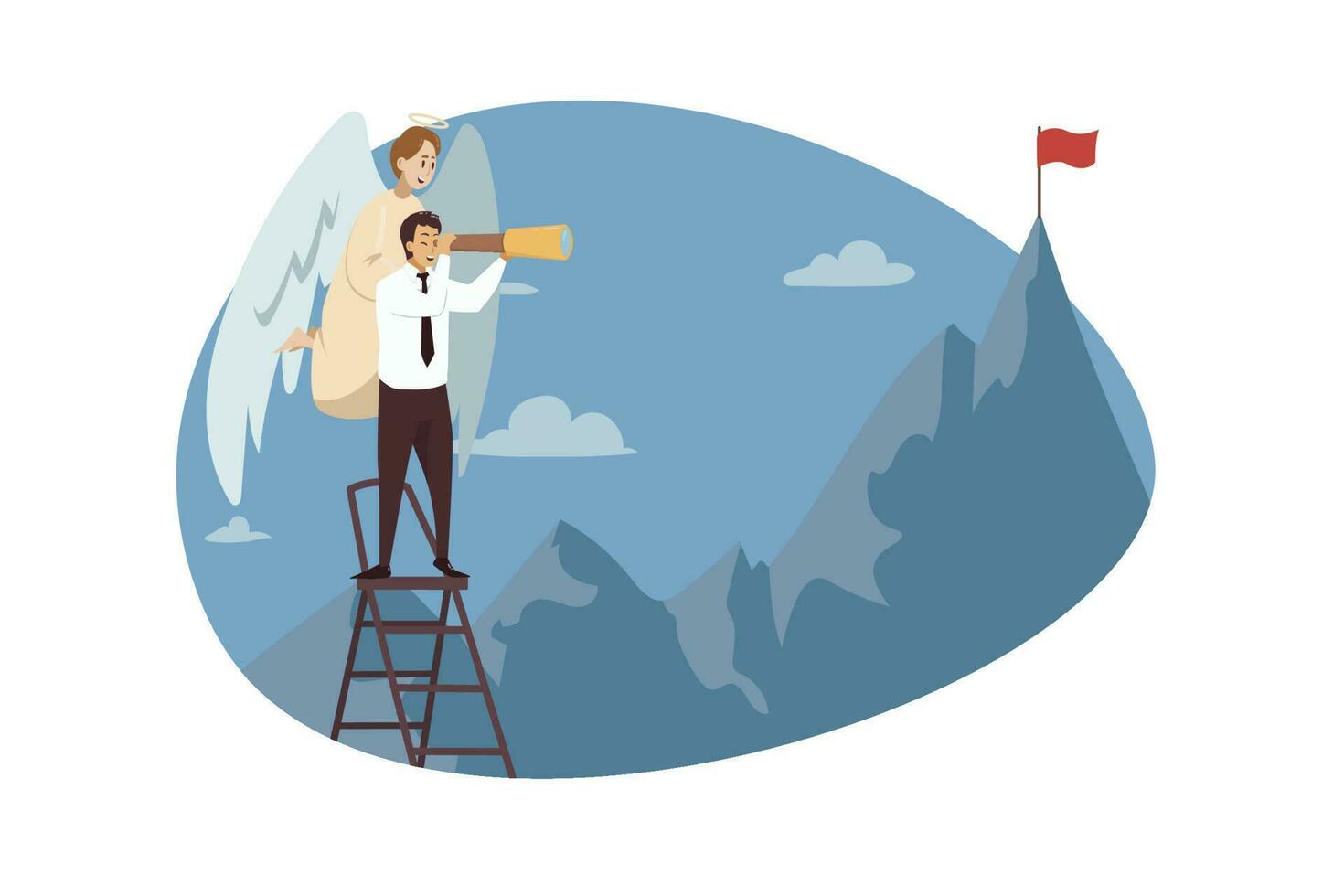 religión, cristiandad, apoyo, motivación, objetivo logro concepto. ángel bíblico personaje secundario joven empresario empleado gerente mirando a montaña bandera. adivinar asistencia alcanzando propósitos. vector