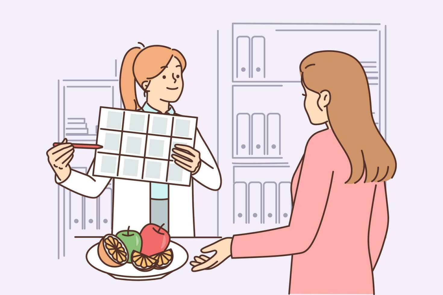 Woman receives advice from nutritionist on proper nutrition and diet to lose weight or improve health. Girl working as nutritionist demonstrates calendar and recommends eating more vegetables vector