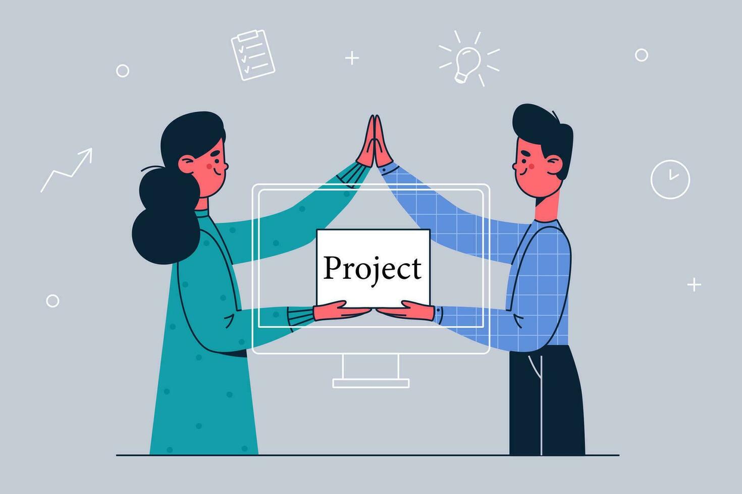 Business partners, projects, corporate workers concept. Office workers young partners standing holding hands and showing corporate project screen vector illustration