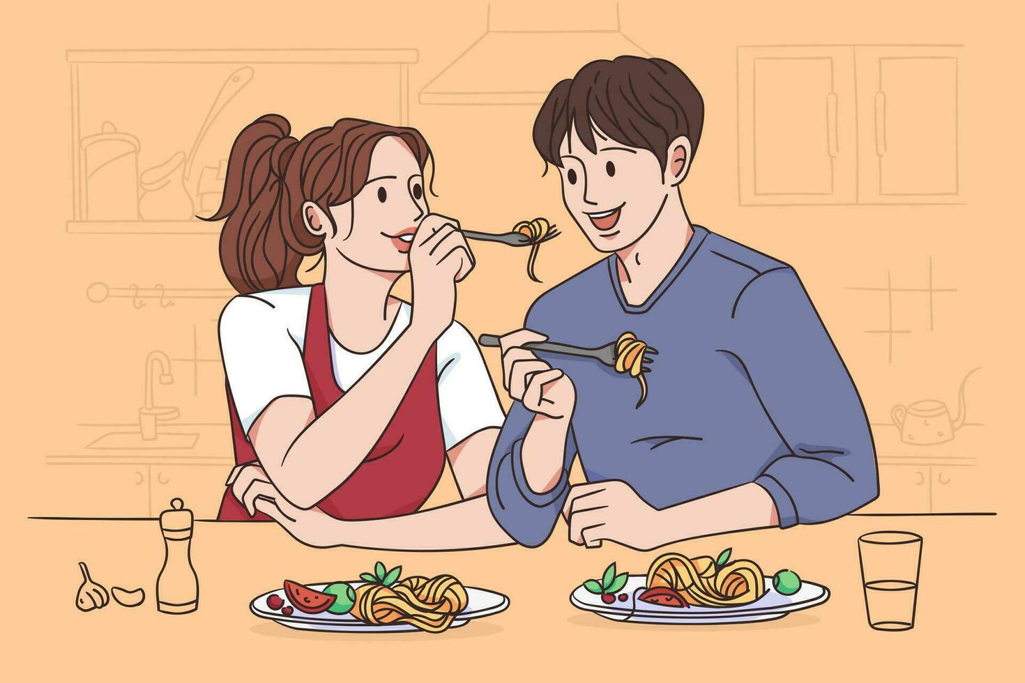 Eating pasta together concept. Young happy couple cartoon characters sitting at table eating fresh italian cuisine pasta noodles together vector illustration