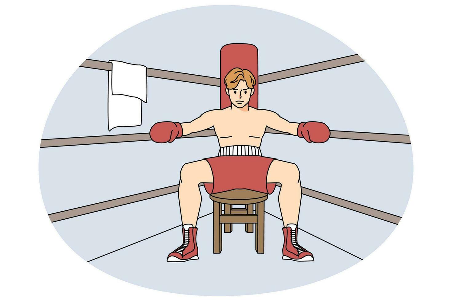 Man fighter sit on ring getting ready for match or competition. Male boxer preparing for final round. Sport and martial arts concept. Vector illustration.