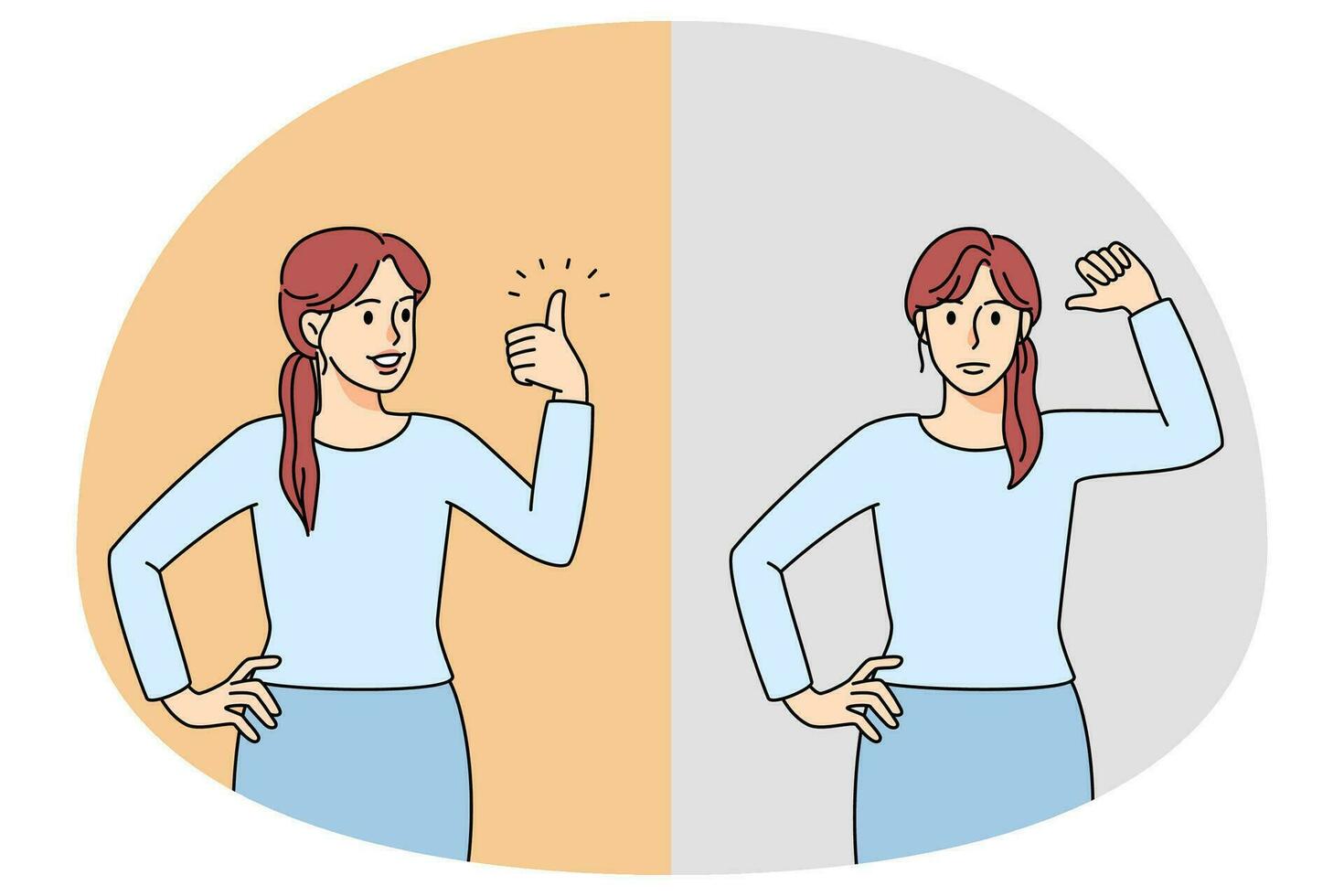 Woman showing thumb up and down for approval or disapproval. Female demonstrate like and dislike for service or product. Client feedback. Vector illustration.