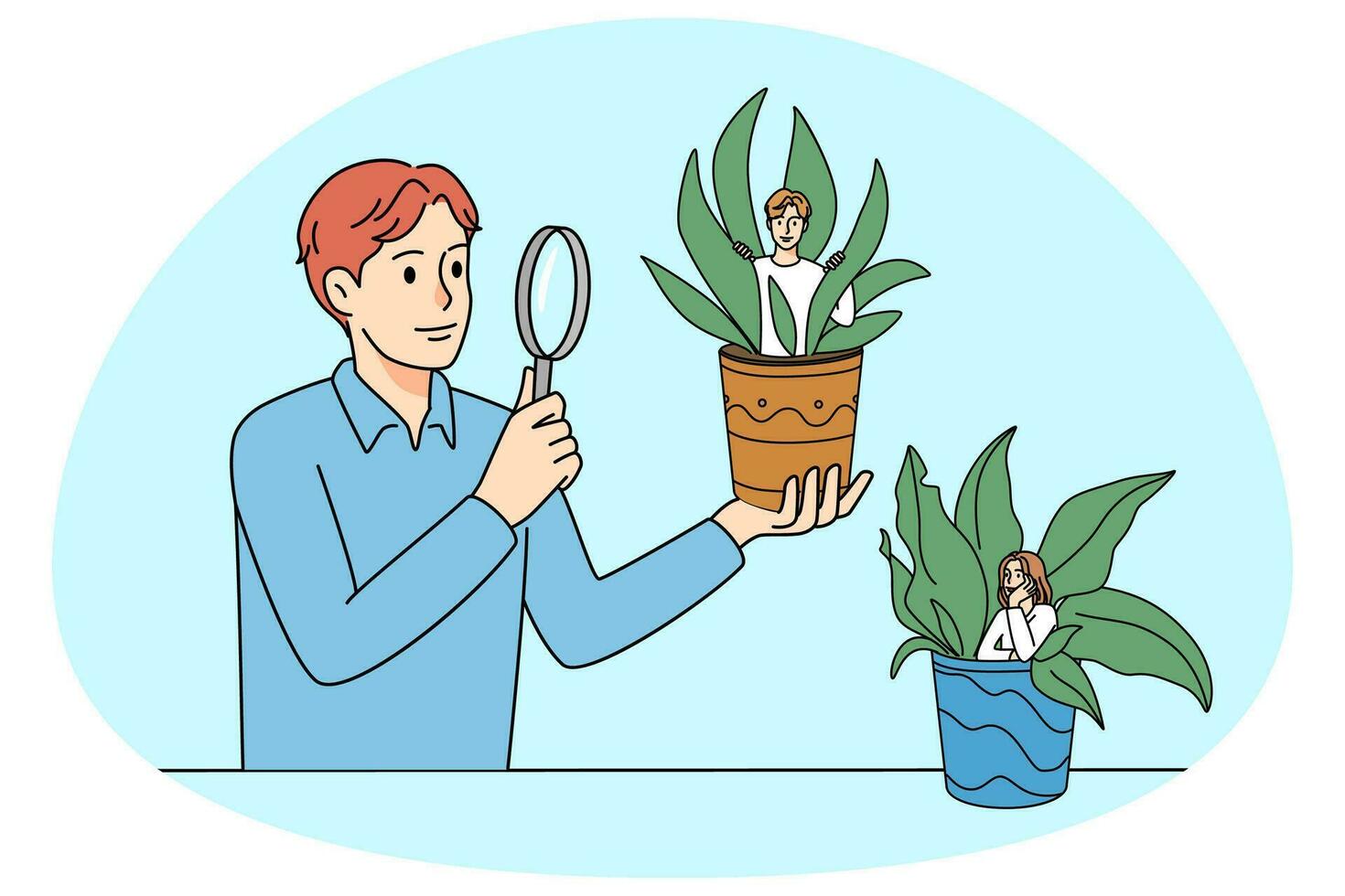 Person looking at small people in pots with magnifier glass. Man observe persons in flowerpots. Concept mentoring and development. vector