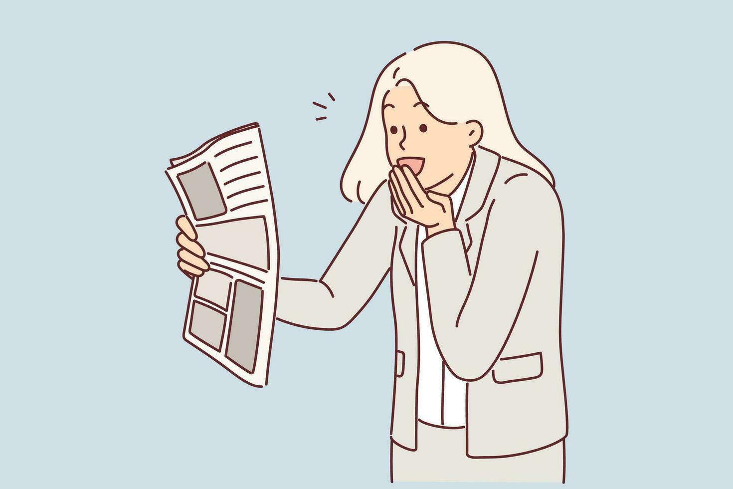 Joyful businesswoman with newspaper is surprised by good news in press and says WOW covering mouth with hand. Good news for woman owner of business about tax cuts or grants for entrepreneurs vector