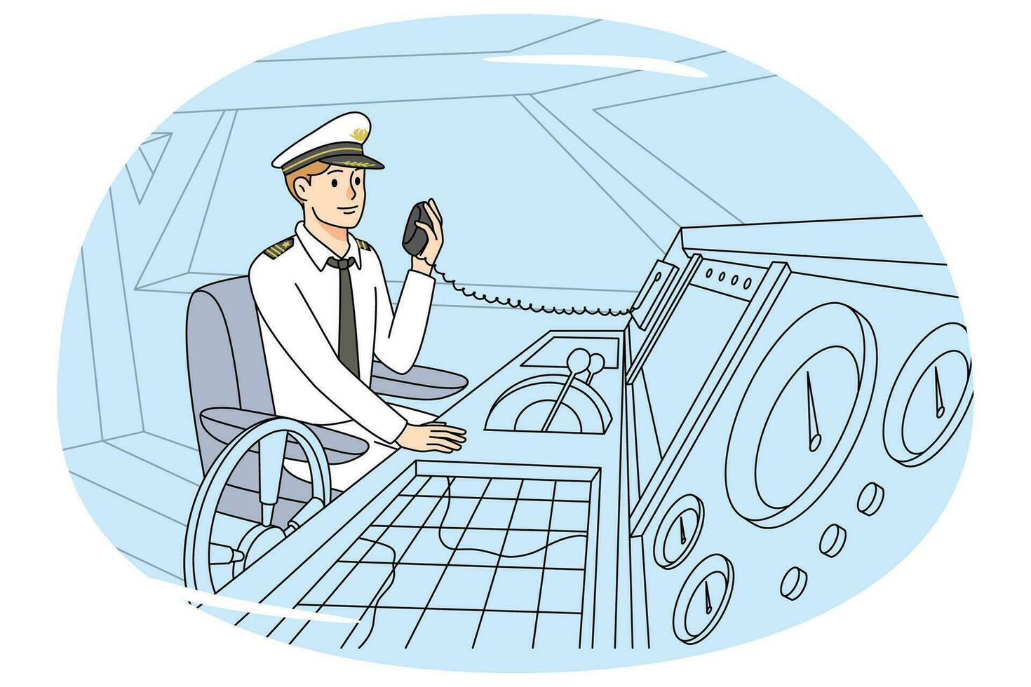 Boat captain in uniform talk on radio set. Man in ship or ferry cabin command with marine center. Vector illustration.
